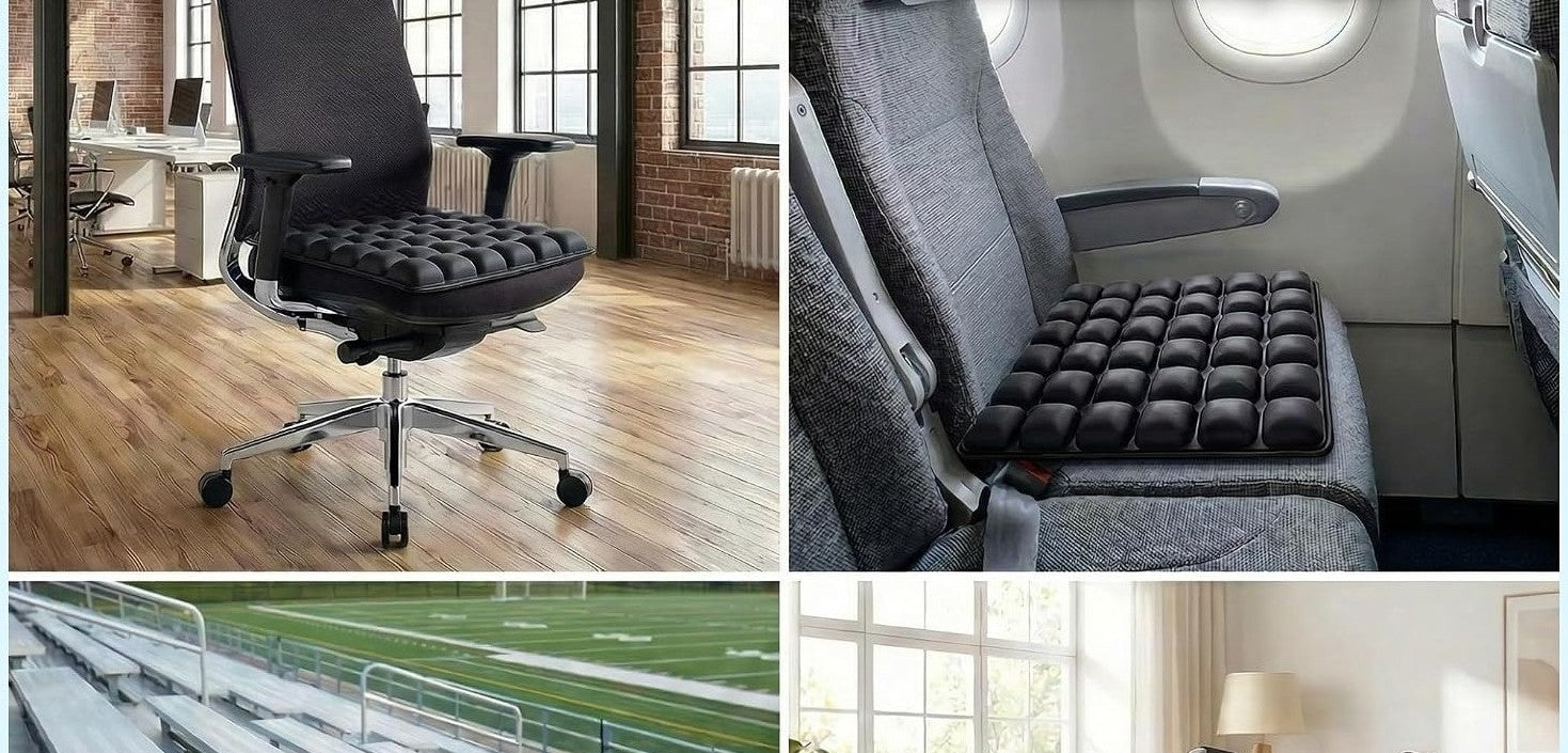 OORiver air-cell cushion in use — office chair, aeroplane seat, stadium bleacher and living room