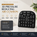 Black OORiver third-generation 3D air-cell seat cushion on a marble table, with icons for reduced pressure, ergonomic support, airflow and portability