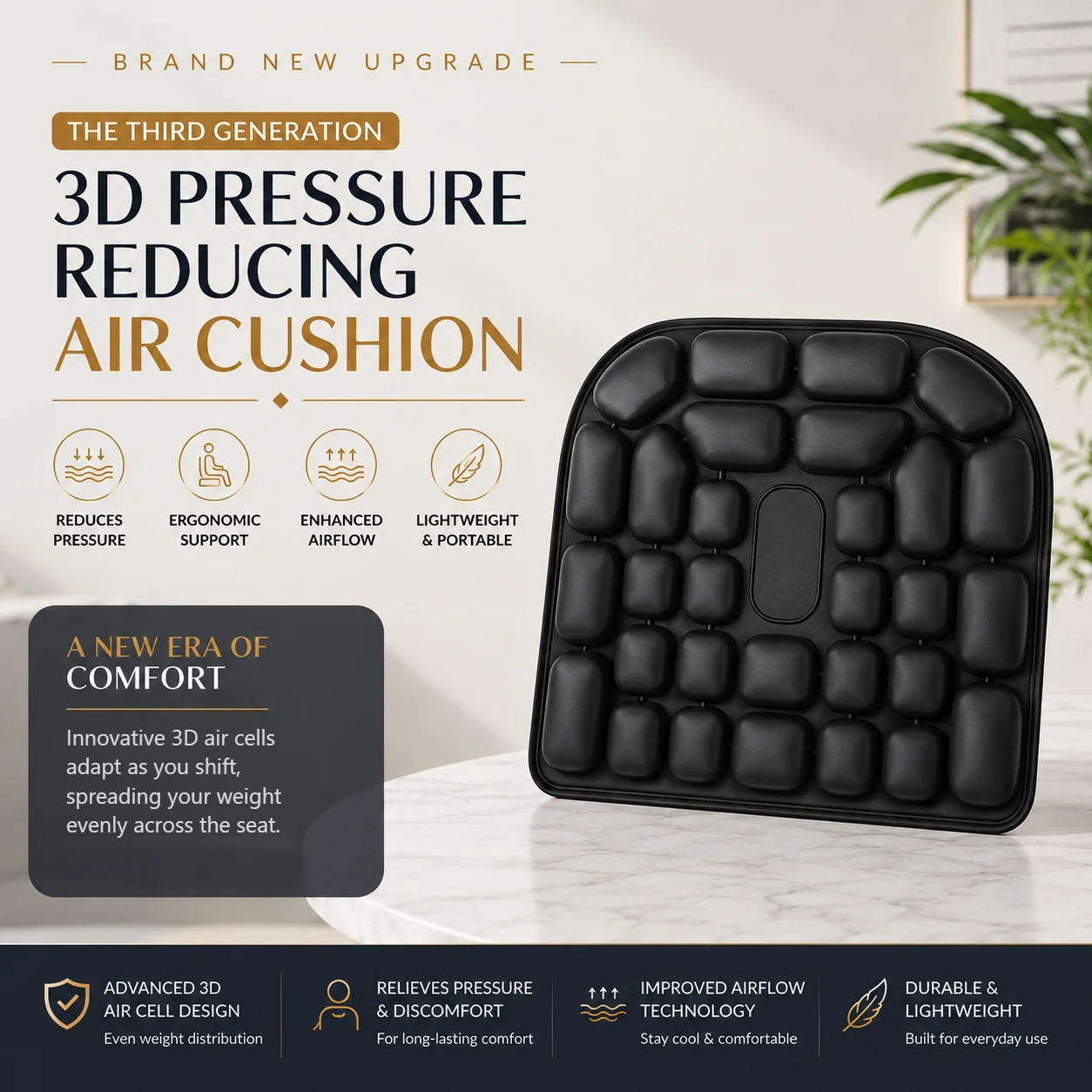 Black OORiver third-generation 3D air-cell seat cushion on a marble table, with icons for reduced pressure, ergonomic support, airflow and portability
