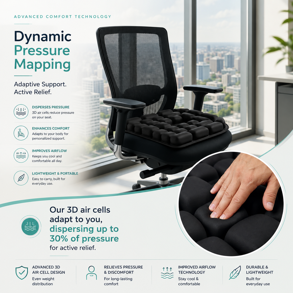 Black OORiver air cushion on a mesh office chair by a city window, with a close-up of a hand pressing the 3D air cells