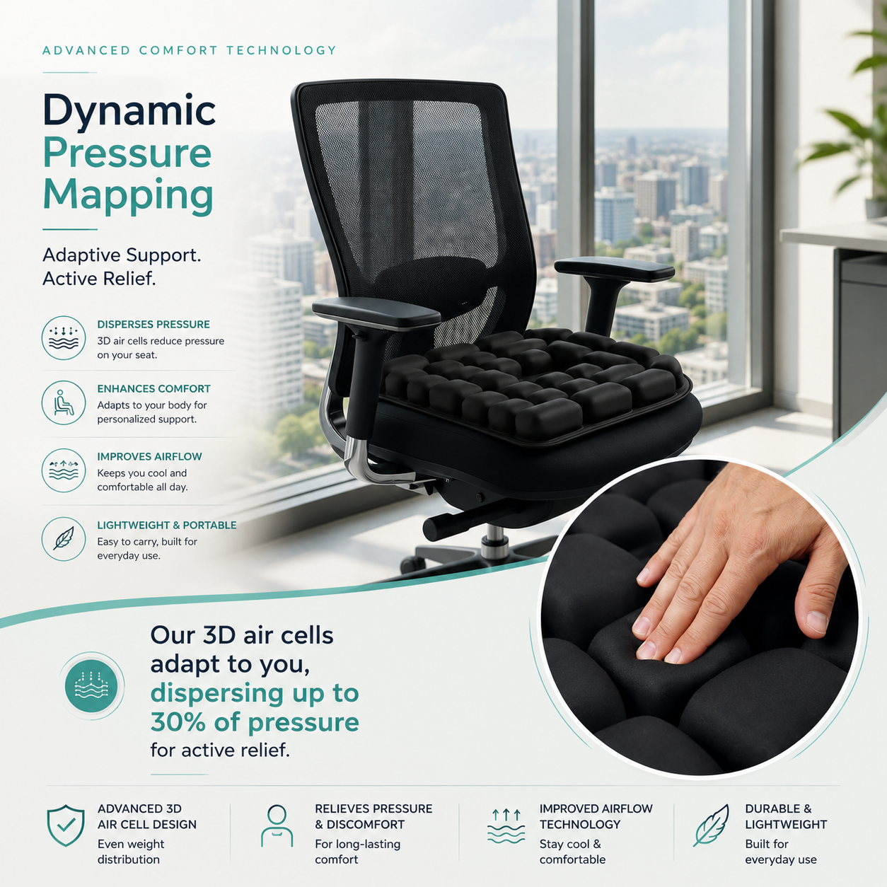 Black OORiver air cushion on a mesh office chair by a city window, with a close-up of a hand pressing the 3D air cells