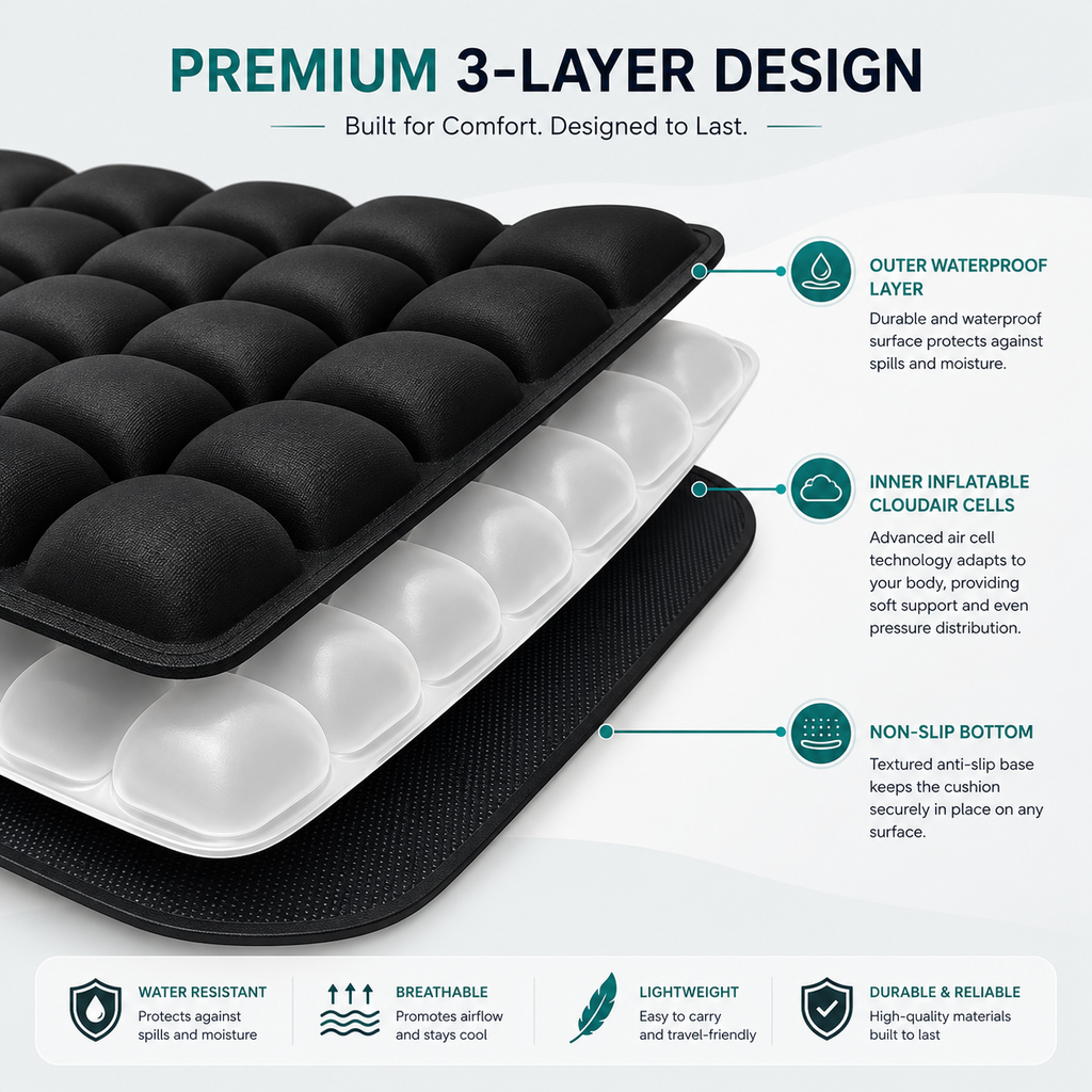 Cutaway of the cushion's three layers — waterproof outer cover, inflatable air cells and textured non-slip base