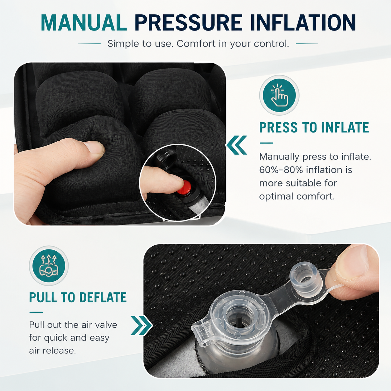 Close-ups of manual inflation: a hand pressing the cushion to add air, and a hand pulling the clear valve to release it