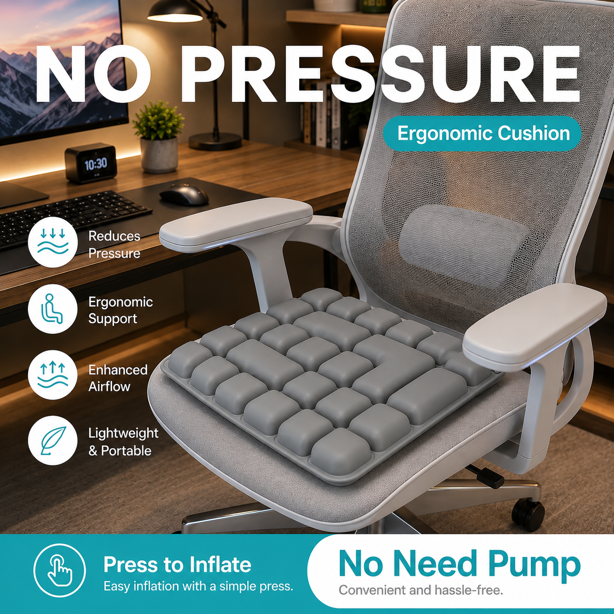 Grey OORiver 3D air cushion on a white office chair, with a press-to-inflate callout and icons for pressure relief, airflow and portability