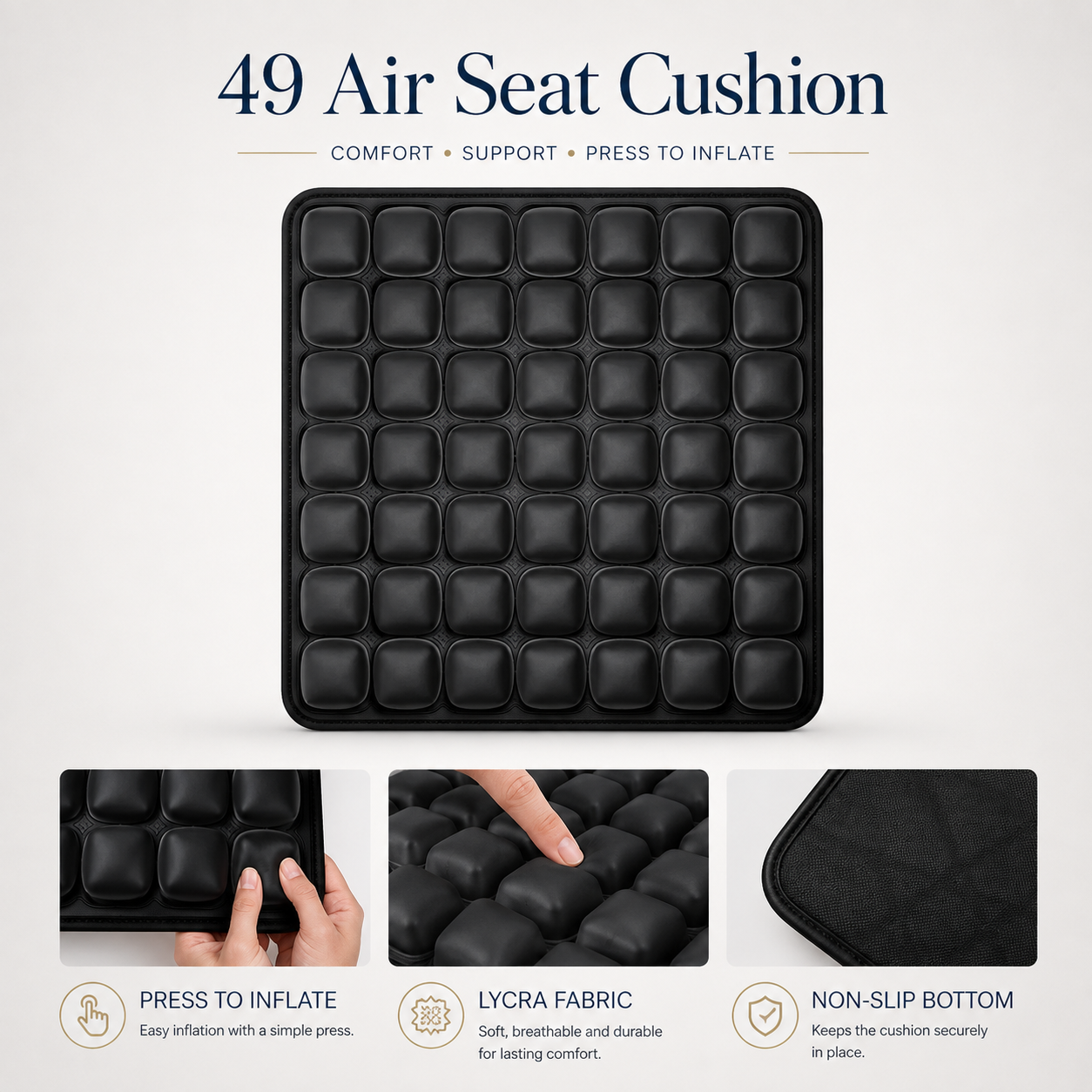 OORiver 49-Cell Air Seat Cushion in Black — top view of the 49 air cells, with press-to-inflate, lycra cover and non-slip base details