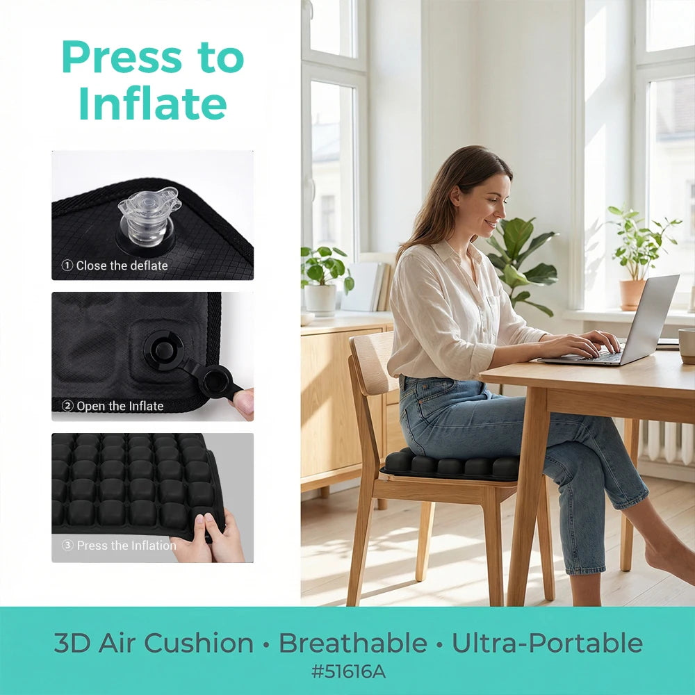 A woman sits on a black 3D air cushion chair at a wooden table in a bright room, using a laptop. The left side shows instructional panels with text 'Press to Inflate' and three step-by-step close-ups of how to inflate the cushion.