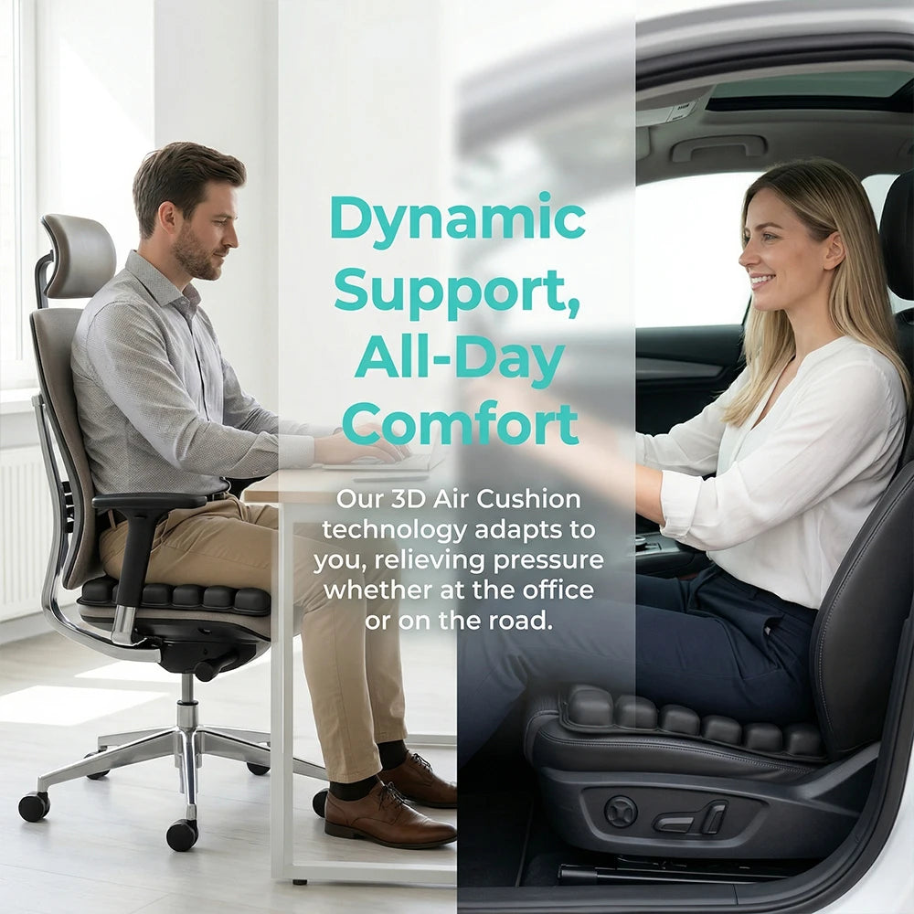 A split-screen promotional image showing a man sitting in a black office chair in a bright office and a woman sitting in a car seat, with text reading 'Dynamic Support, All-Day Comfort' and a description of 3D air cushion technology.