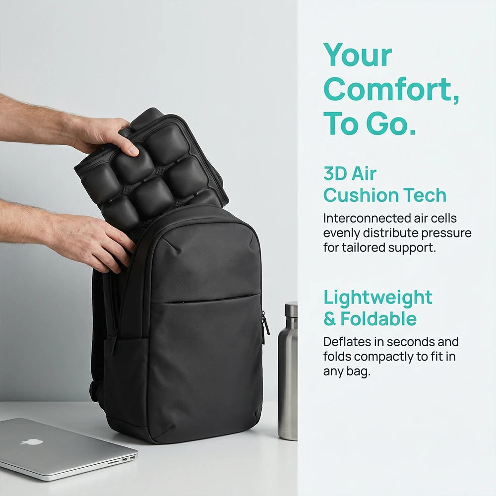 A black backpack with a detachable padded air cushion insert being demonstrated by hands, shown beside a laptop and water bottle on a light gray surface with promotional text on the right.