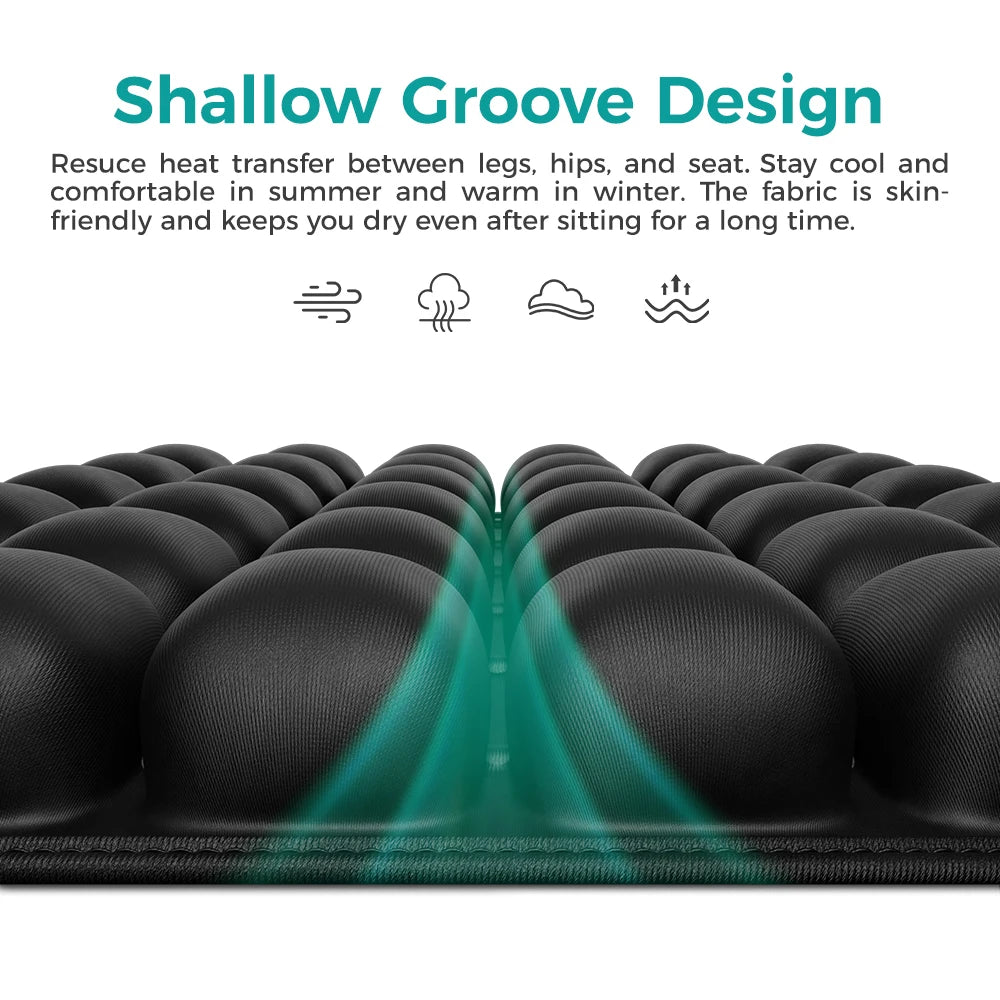 Promotional graphic for a black mesh seat cushion with 'Shallow Groove Design' text, showing rows of rounded black cushions with teal heat-flow lines between them on a white background.