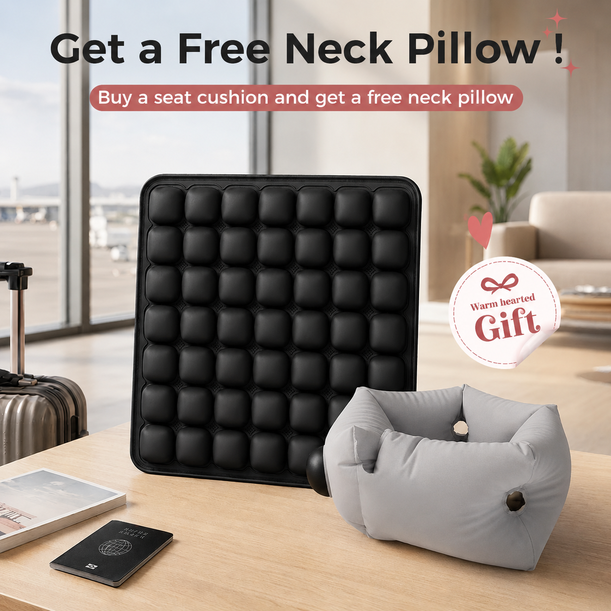 Black 49-cell seat cushion beside a grey inflatable neck pillow on a table with a passport and suitcase — free neck pillow offer