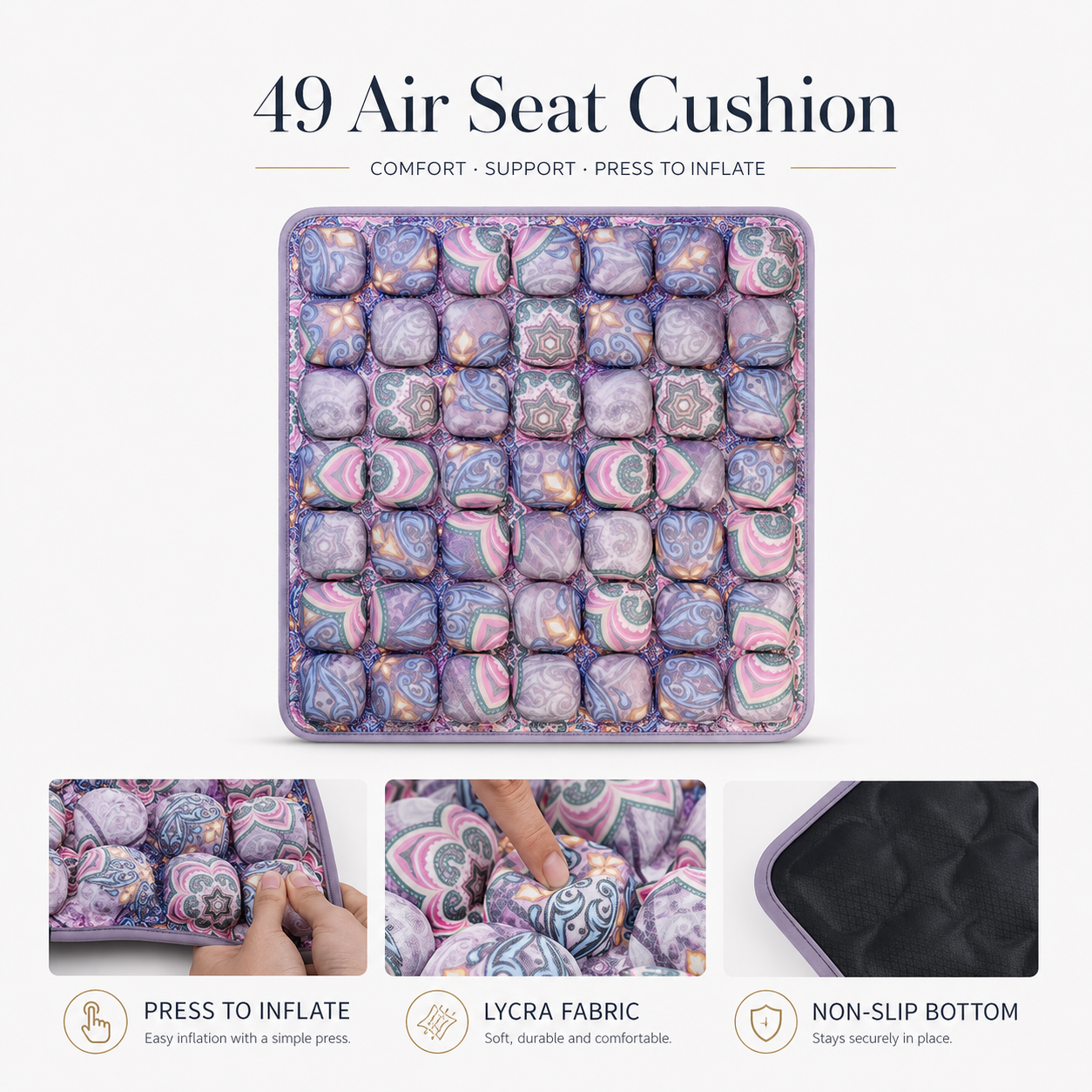 OORiver 49-Cell Air Seat Cushion in Purple — top view of the 49 air cells with fabric and non-slip base details