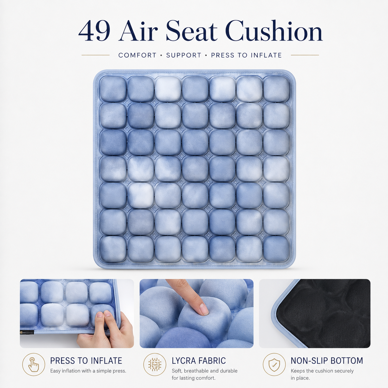 OORiver 49-Cell Air Seat Cushion in Sky Blue — top view of the 49 air cells with fabric and non-slip base details