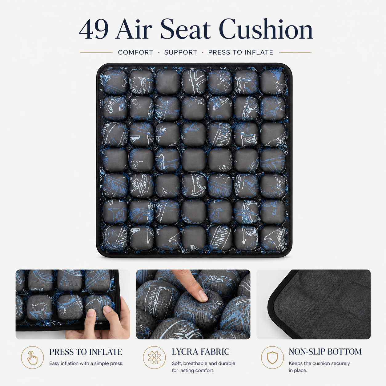 OORiver 49-Cell Air Seat Cushion in Blue — top view of the 49 air cells with fabric and non-slip base details
