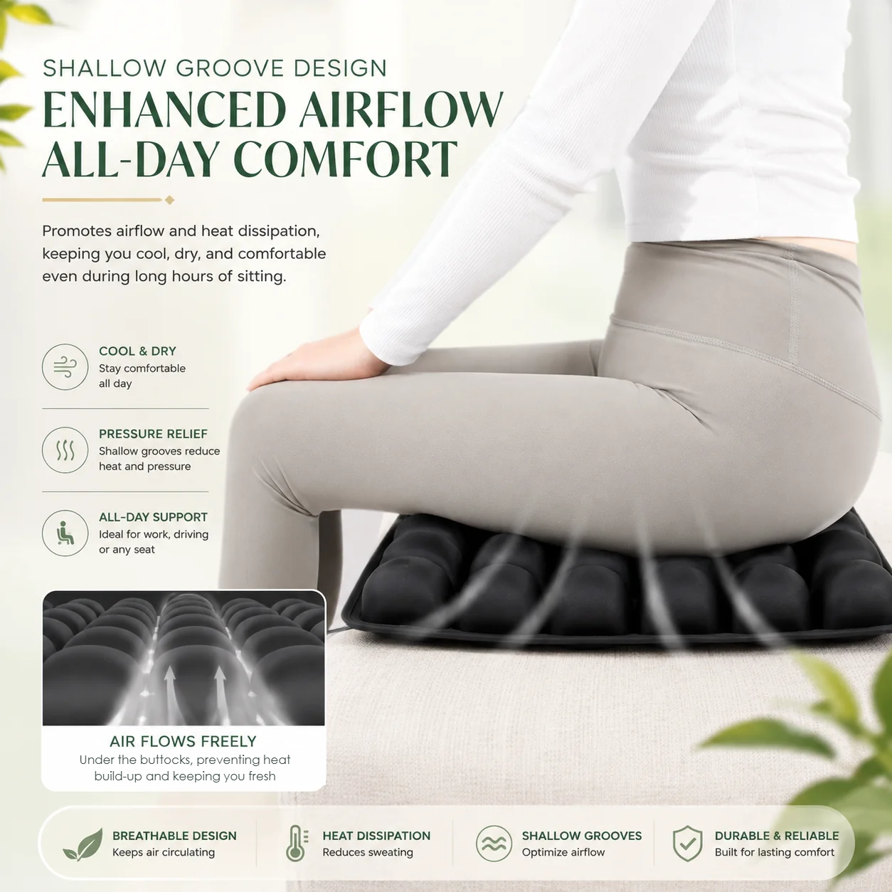 Person seated on the black air cushion with airflow arrows showing how the shallow grooves keep air moving underneath