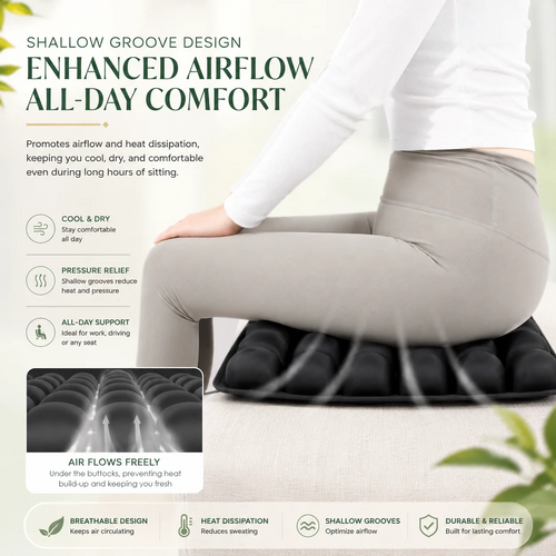 Person seated on the black air cushion with airflow arrows showing how the shallow grooves keep air moving underneath