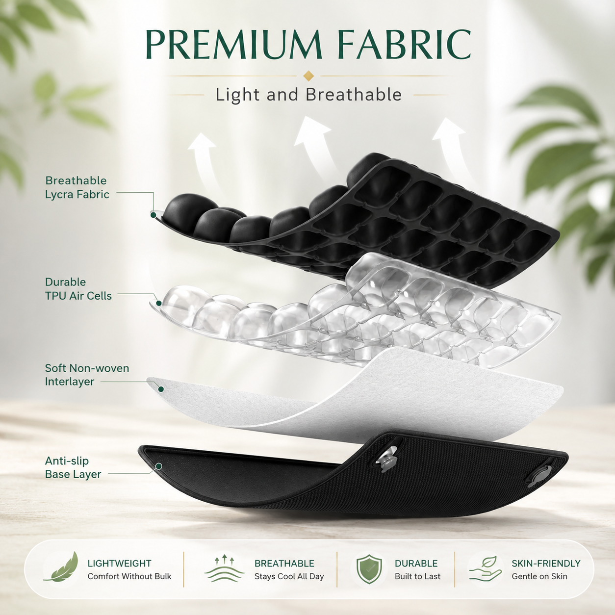 Exploded view of the cushion's four layers — breathable lycra cover, TPU air cells, non-woven interlayer and anti-slip base