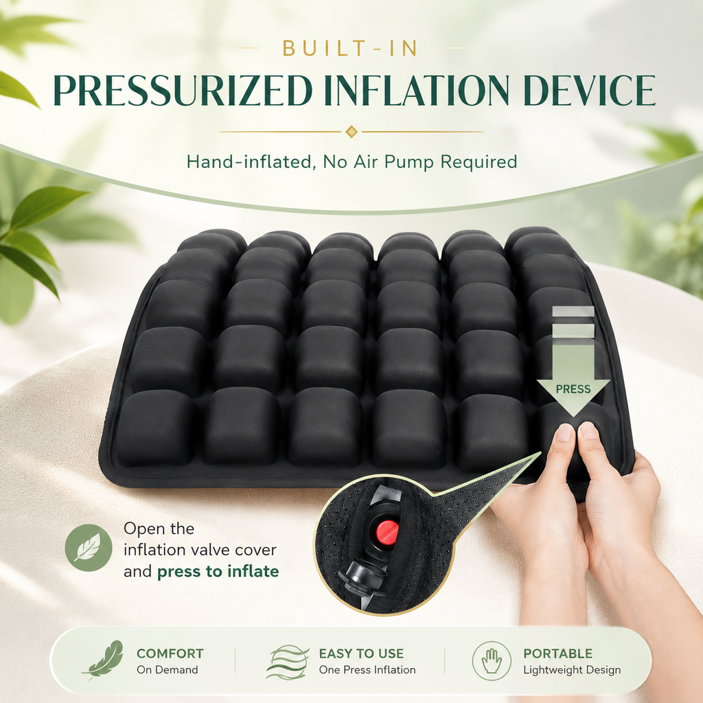 Black air cushion with a hand pressing its built-in inflation valve, and a close-up of the red valve button