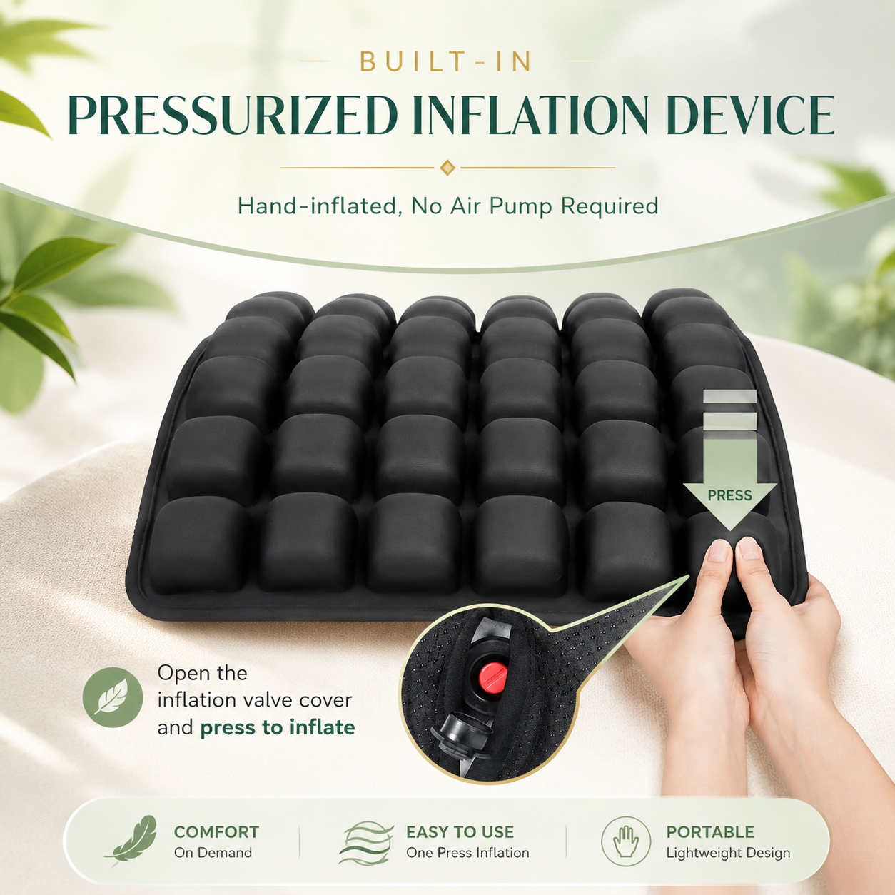 Black air cushion with a hand pressing its built-in inflation valve, and a close-up of the red valve button