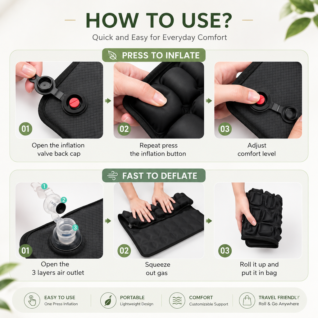 Six-step guide: opening the valve, pressing to inflate and adjusting firmness, then deflating, squeezing and rolling the cushion for its bag