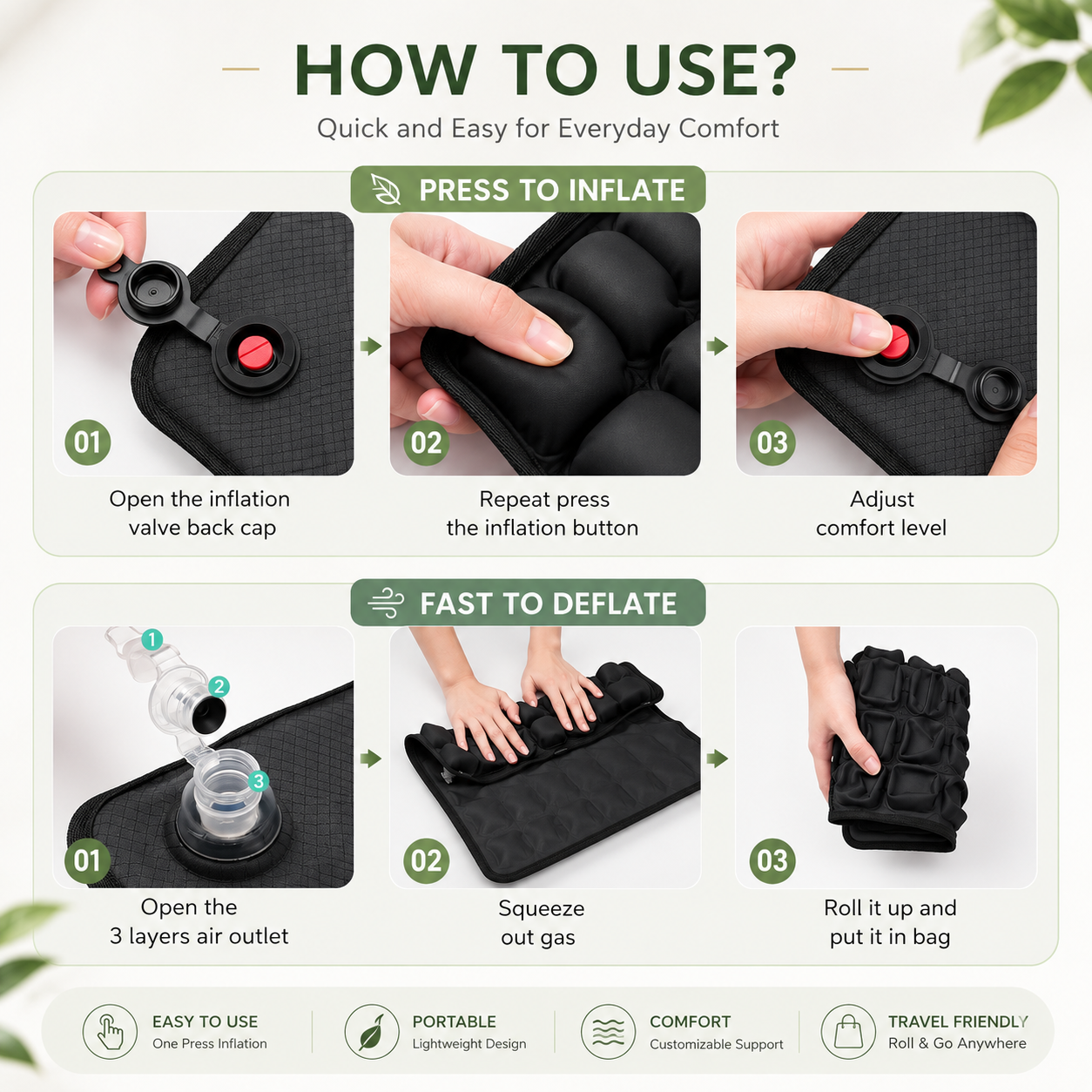 Six-step guide: opening the valve, pressing to inflate and adjusting firmness, then deflating, squeezing and rolling the cushion for its bag