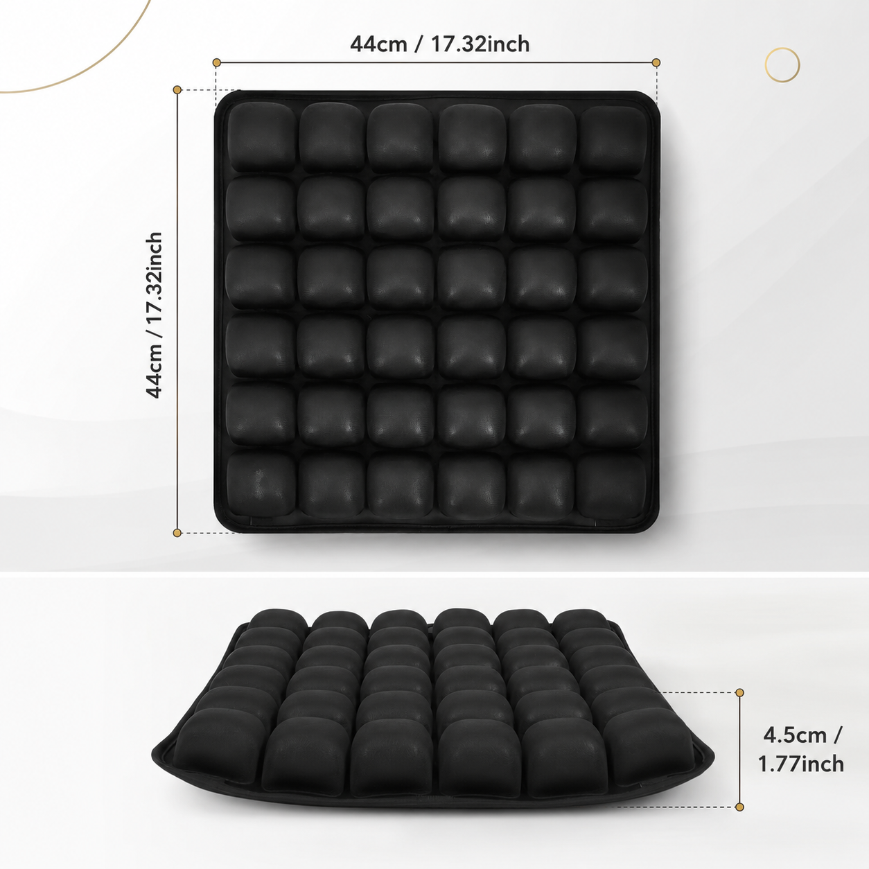 Black contoured seat cushion shown from two angles with dimension labels: a top-down view marked 44cm by 44cm and a side view marked 4.5cm thick, on a clean white background.
