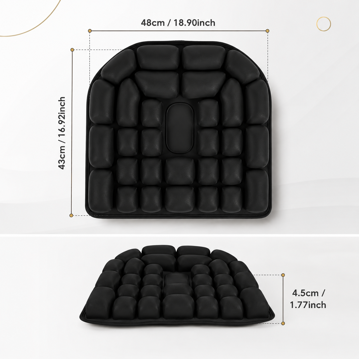 Black contoured lumbar support seat pad shown from two angles with dimension labels: a top view measuring 48cm by 43cm and a side view showing 4.5cm thickness, on a clean white background.