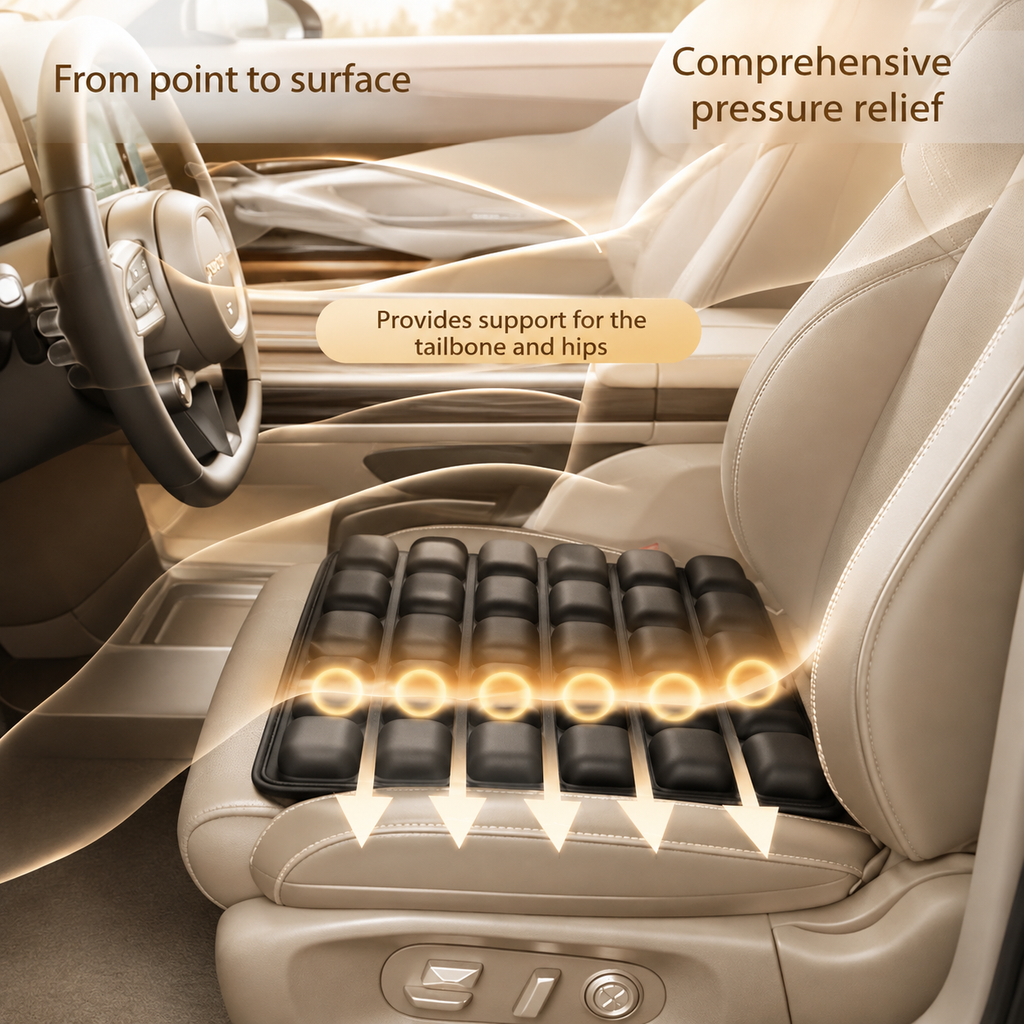 Black air-cell cushion on a beige leather car seat, with arrows showing pressure spread from points to the whole surface — support for the tailbone and hips