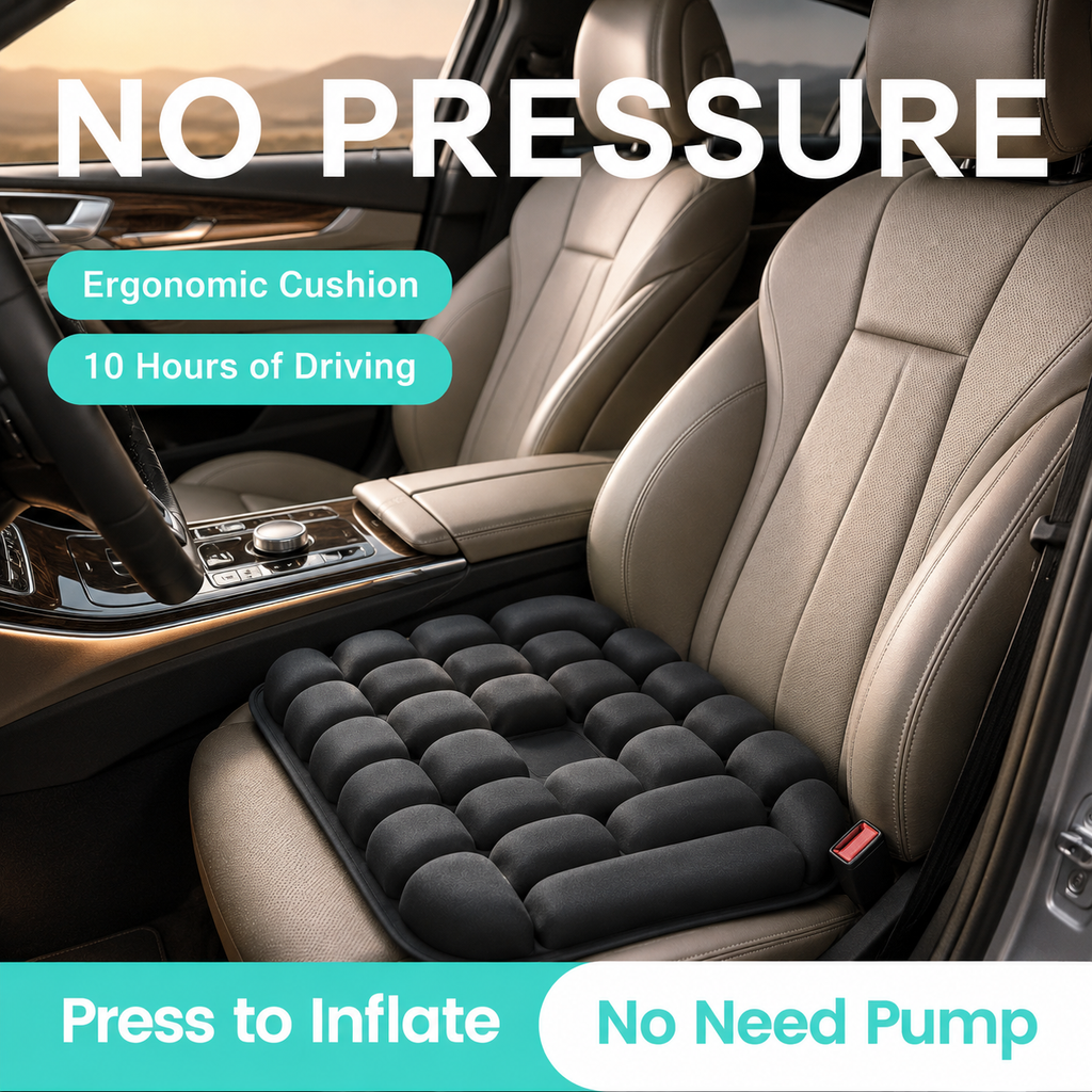 A black inflatable car seat cushion installed on a beige leather passenger seat inside a car. Large text reads 'NO PRESSURE' and 'Press to Inflate, No Need Pump', with smaller callouts 'Ergonomic Cushion' and '10 Hours of Driving'.