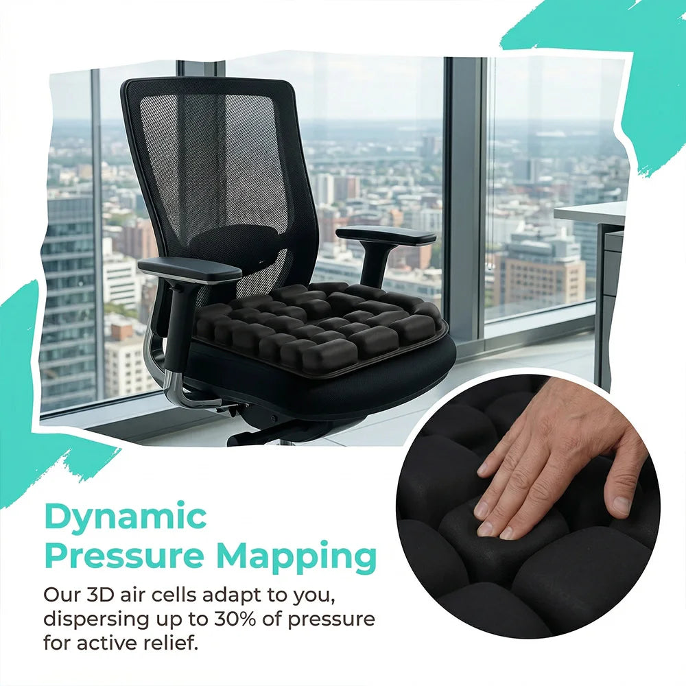 Black mesh office chair with a dynamic pressure-mapping cushion on the seat, shown in a real office environment with a city view, plus a circular inset demonstrating the cushion texture with a hand resting on it.