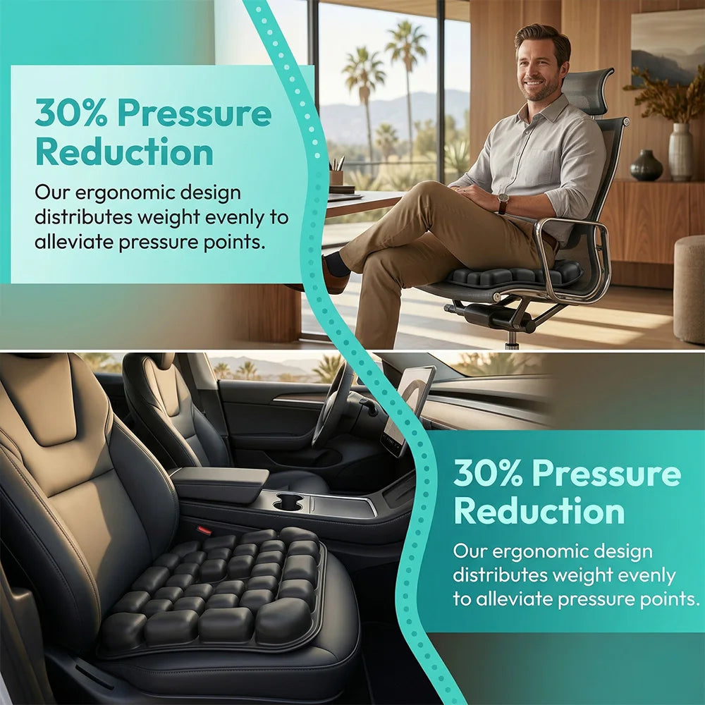 A promotional collage showing a black ergonomic office chair with a matching seat cushion in a home office setting and a car interior. Large teal text blocks read '30% Pressure Reduction' and describe weight distribution benefits.