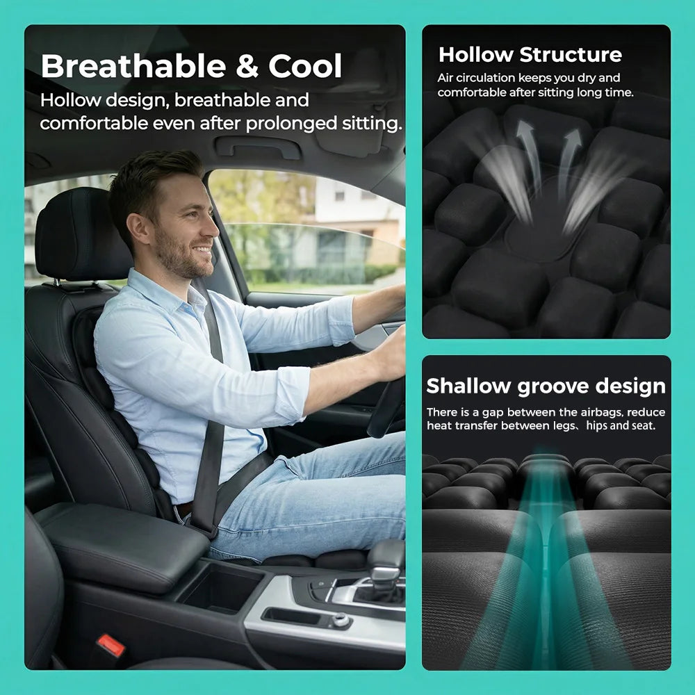 An informational product graphic for a car seat cushion pad. The left panel shows a man sitting in a car interior wearing the product, with text describing it as breathable and cool.