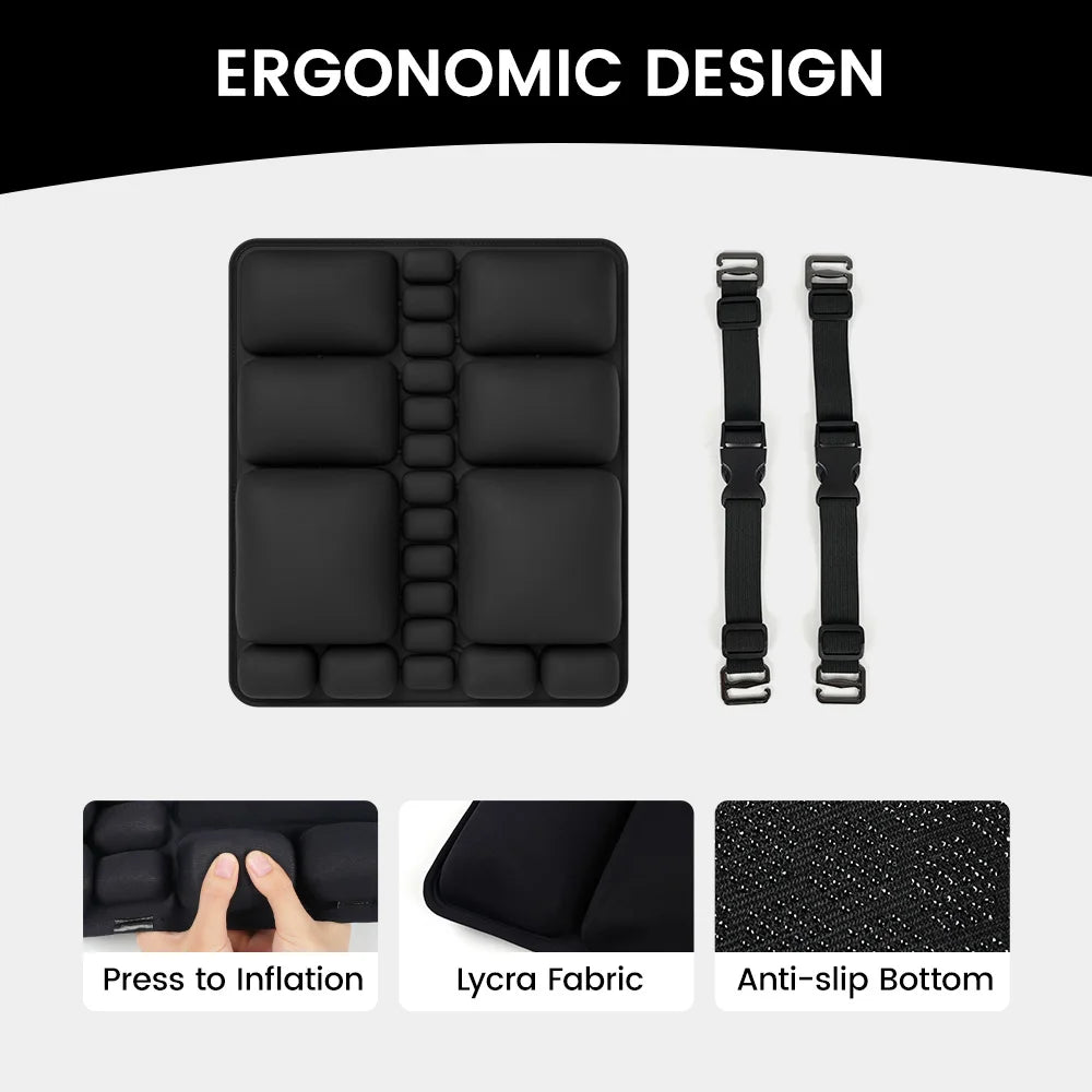 OORiver inflatable lumbar support cushion in black with adjustable straps — labelled feature diagram
