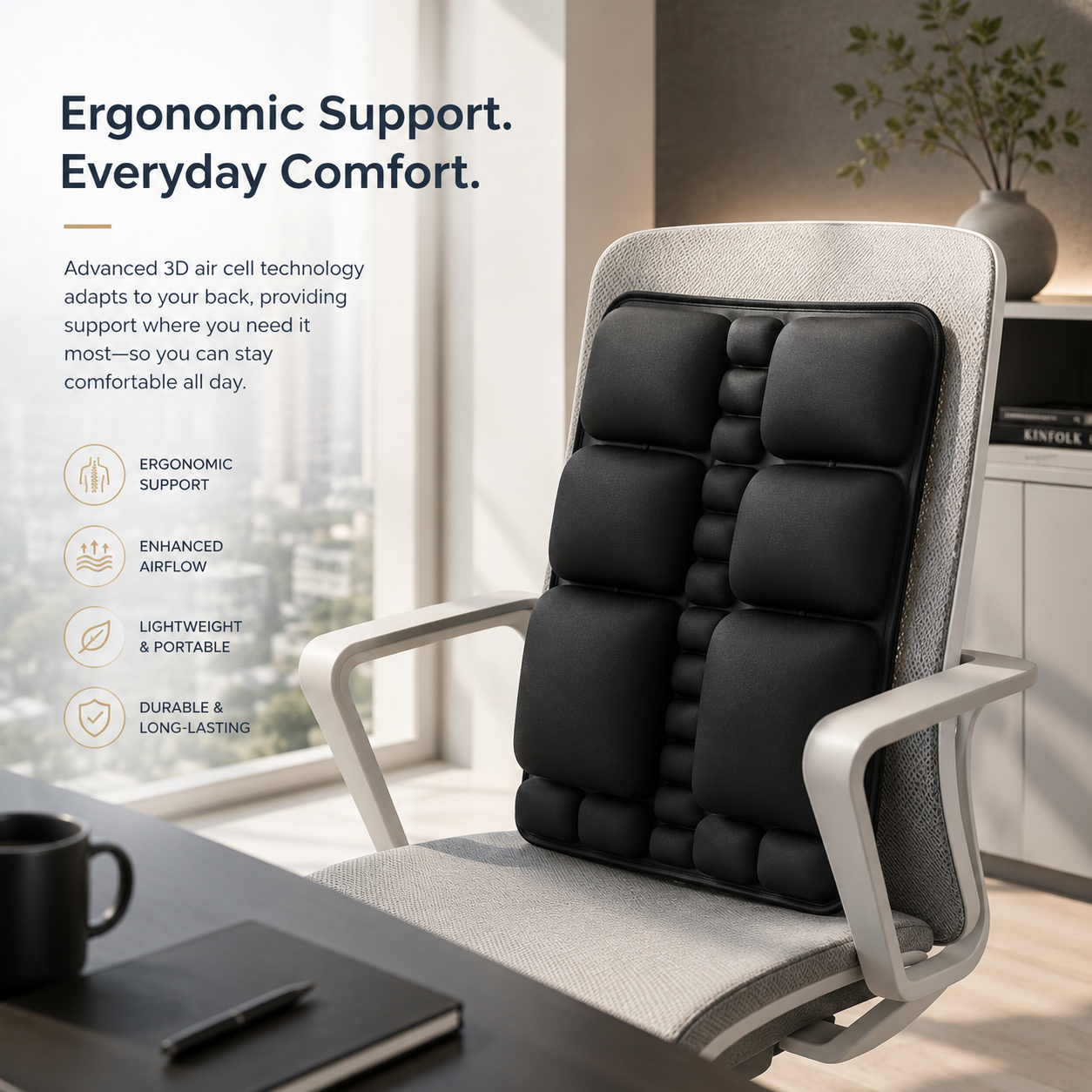 Black OORiver lumbar air cushion strapped to a pale office chair by a window, with ergonomic support and airflow icons