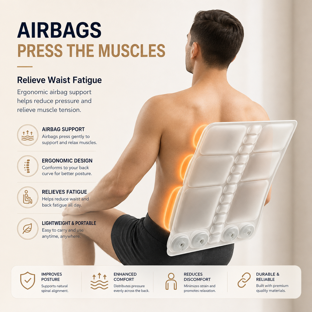 Man seen from behind with the lumbar cushion against his lower back, airbag pressure points highlighted in orange