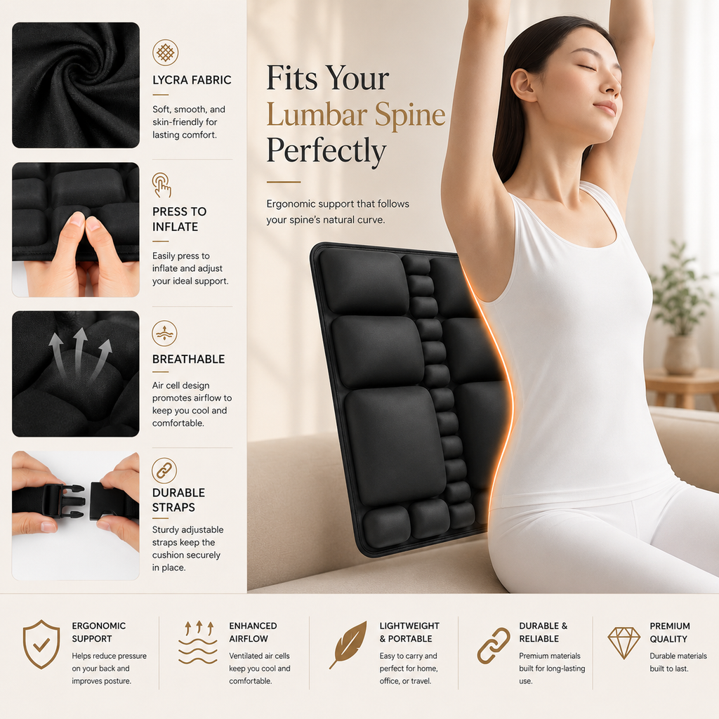 Woman stretching on a sofa next to the black lumbar air cushion, with lycra cover, inflation, airflow and strap details