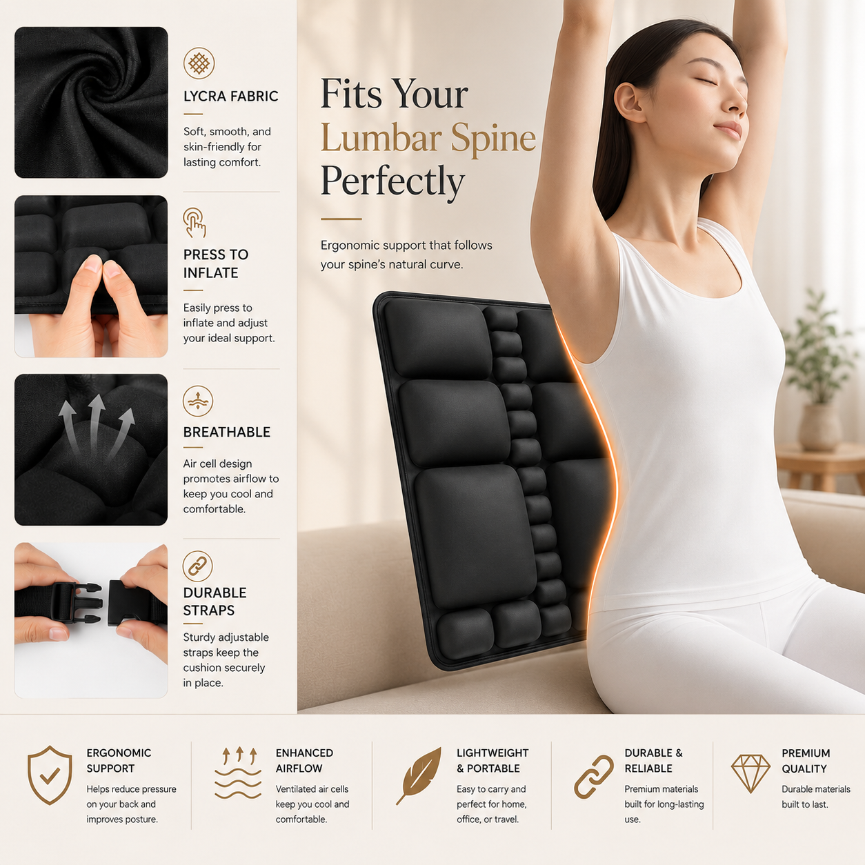 Woman stretching on a sofa next to the black lumbar air cushion, with lycra cover, inflation, airflow and strap details